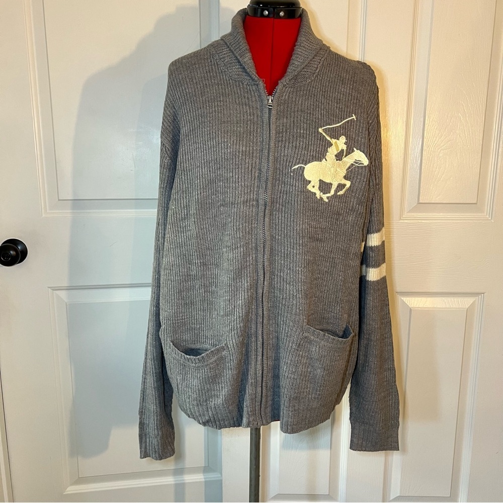 Beverly Hills Polo Club Men L Gray Full Zip Knit Cardigan Large Embroidered Pony
